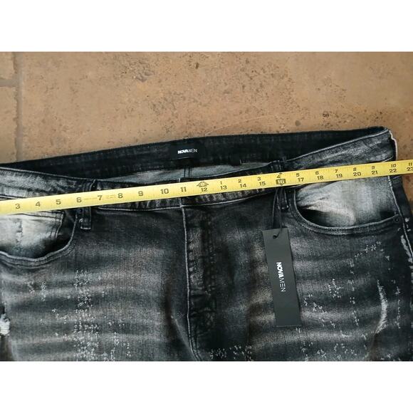 Nova Mens Black Jeans Sz 42 Switch Up The Flow Stacked Slim Fade Detail Distress - Picture 8 of 16